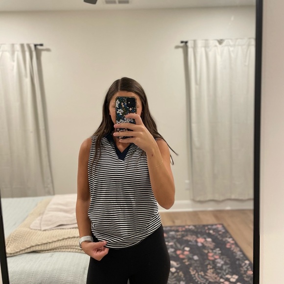 Theory Tops - Theory Navy and White Striped Open polo Tank Top